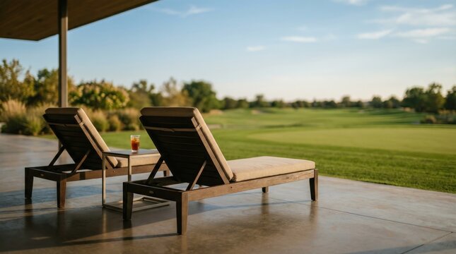 Two lounge chairs sit on a patio beside a small table with a drink. The green field stretches in the background under a clear sky