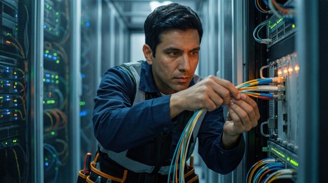 A technician is in a server room, connecting network cables to equipment while checking connections and monitoring lights on the devices