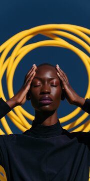 Dramatic high contrast portrait of a black woman with yellow rings behind her for bold fashion headshot and conceptual beauty study