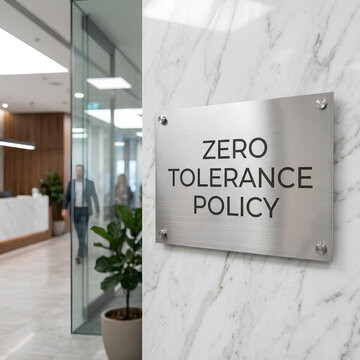 Zero Tolerance Policy Sign on Marble Wall in Modern Office