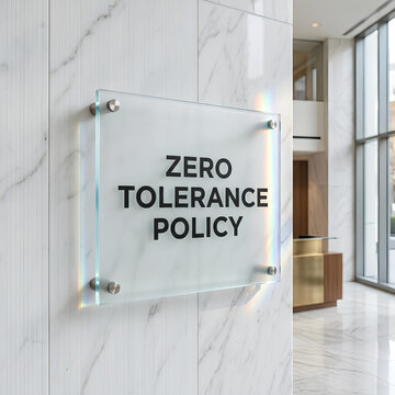 Zero Tolerance Policy Sign on Marble Wall in Modern Office Lobby