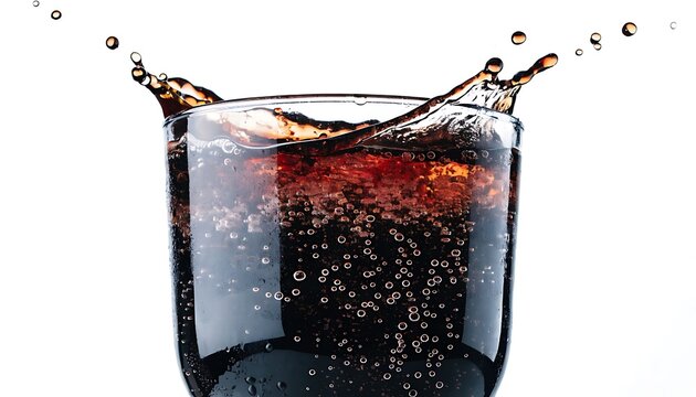 Glass of dark carbonated soda with bubbles and splashing liquid isolated on white background