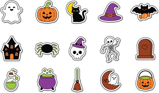 Halloween Sticker Bundle with Cute Ghost Pumpkin Cat Witch Hat and Spooky Icons