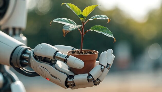 Advanced robotic hand holding a small green plant in a pot, symbolizing ecofriendly technology