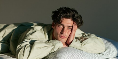 Obraz premium Young man reclining on bed in soft natural light conveying a relaxed contemplative mood for lifestyle and fashion