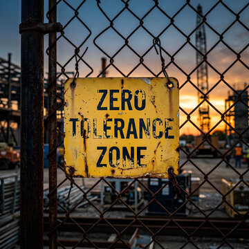 Zero Tolerance Zone Sign on Construction Site Fence at Sunset