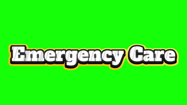 Emergency care bold typography title animation sequence with high contrast white lettering and yellow outlining features set against a vibrant green screen backdrop for professional medical broadcast 