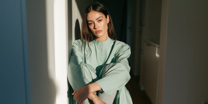 Intimate closeup portrait of contemplative woman in soft mint outfit with warm window light for beauty projects and creative mood storytelling