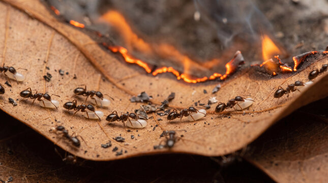 Winged and wingless ants scurrying across a dry brown leaf partially engulfed in flames and smoke, illustrating a desperate escape from the encroaching fire.