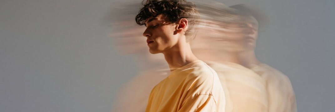 Profile portrait of young man with motion blur double exposure effect in soft light for emotional and artistic portraiture
