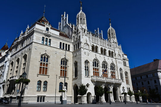 newly built ministry building in the Castle district of Budapest, Hungary. Mixed neo neo Gothic - contemporary style. stone office building housing the Ministry of Interior. finely carved laced towers