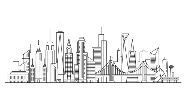 Minimalist Line Art City Skyline Illustration Featuring Famous American Landmarks and Skyscrapers such as the Empire State Building, Chrysler Building, and Golden Gate Bridge Icons.