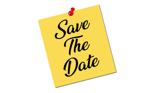 A yellow sticky note pinned to a surface with the text save the date written in elegant black script, isolated on transparent background