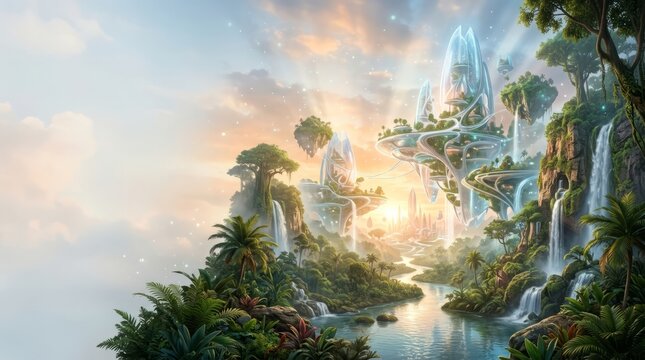 Luminous celestial city within a breathtaking fantasy utopia, nestled amidst lush waterfalls, vibrant rainforests, and serene rivers, bathed in ethereal light