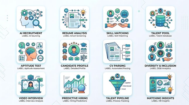 Set of ai recruitment and human resources technology icons for modern business hiring