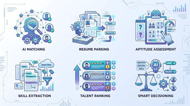 Artificial intelligence recruitment and human resources technology process icon set