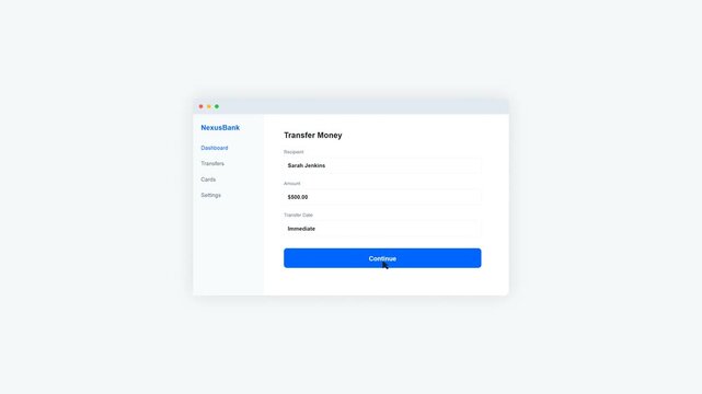 Modern digital banking application showcasing a money transfer form with a clean user interface for secure online financial transactions