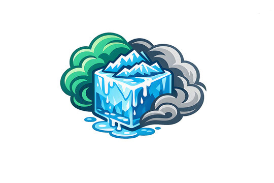 Melting ice cube with glacier mountains on top representing global warming, arctic ice sheet melting, climate change and sea level rise, vector digital illustration