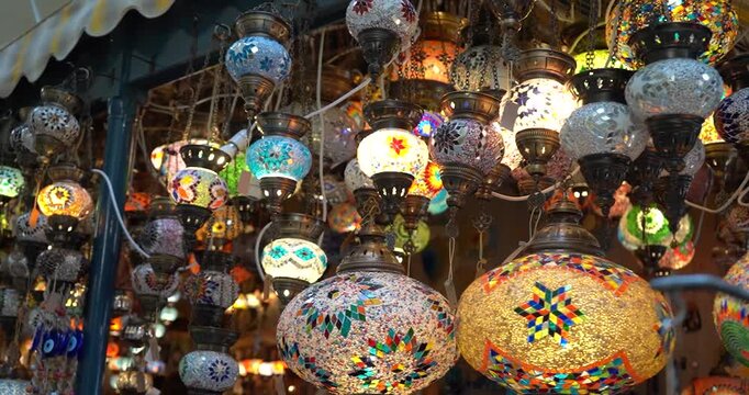 Turkish mosaic lanterns on display at a market
