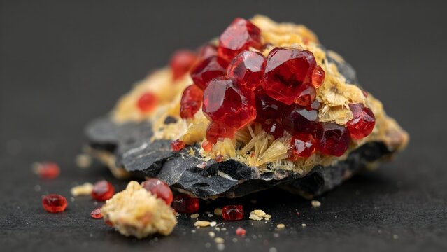 Beautiful Mineral Specimen with Red Garnet Crystals on Dark Base