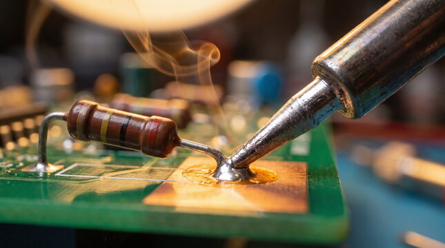 Close-up of a soldering iron tip heating a solder joint on a resistor lead on a green circuit board, with delicate wisps of smoke rising into the air