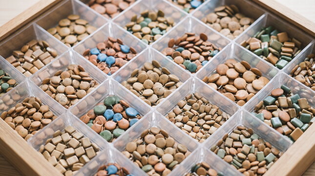 Close-up of a wooden organizer box with compartments filled with assorted vintage ceramic capacitors
