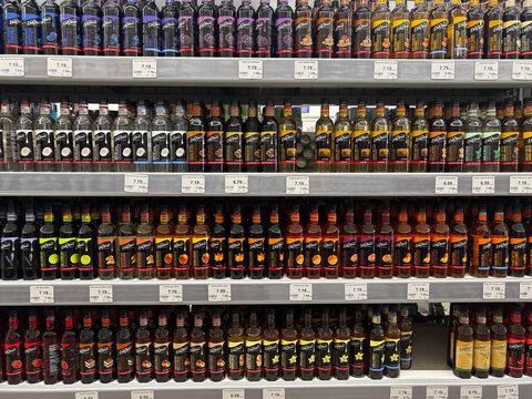 Mesa, Arizona - August 29, 2026: DaVinci flavored syrup for coffee and beverages, shelf full of various flavors