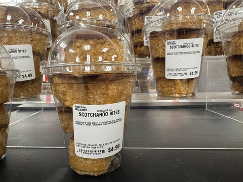 Chandler, Arizona - August 29, 2026: Scotcharoo rice krispie bites butterscotch and chocolate snacks