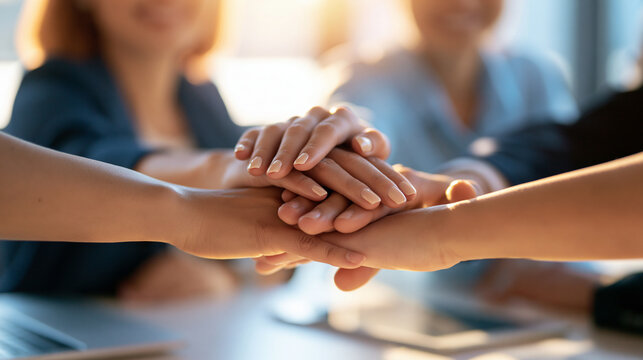 close up of diverse hands stacked together in a unity gesture above a bright office desk, teamwork, collaboration, corporate solidarity, employee morale boost, successful