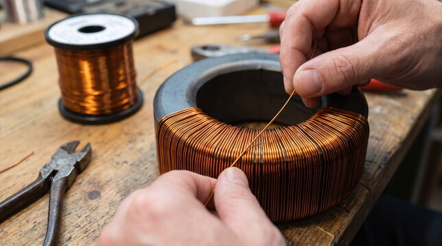 Close-up of hands meticulously winding a copper coil around a large toroidal transformer core during manual electronics repair