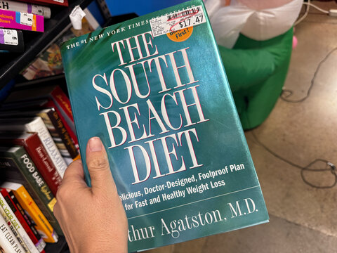 Mesa, Arizona - August 29, 2026: Hand holds the South Beach Diet book, a popular low-carb fad diet in the early 2000s