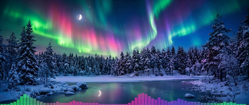 Vibrant aurora borealis over a frozen winter forest with audio visualizer