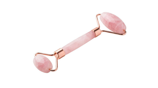 Elegant rose quartz facial massage roller isolated on transparent background for beauty and skincare industry