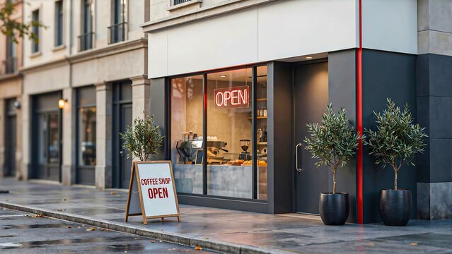 Modern storefront with glass entrance, open sign, outdoor plants and wet sidewalk in urban commercial street