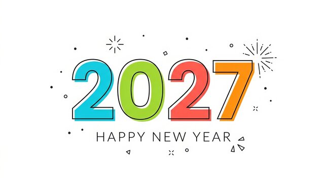 Colorful 2027 Happy New Year greeting card design with festive confetti and fireworks.