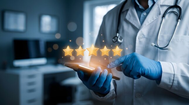 Doctor holding a digital tablet showing five star rating for excellent medical service and patient healthcare satisfaction