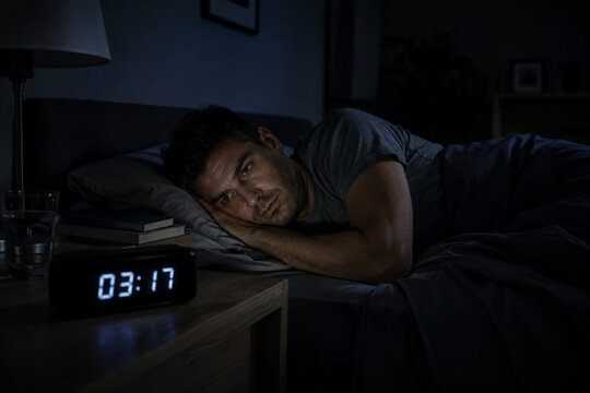 Un hombre con insomnio mirando el reloj despertador de madrugada sin poder dormir ni conciliar el sue&ntilde;o por stress y cansancio laboral