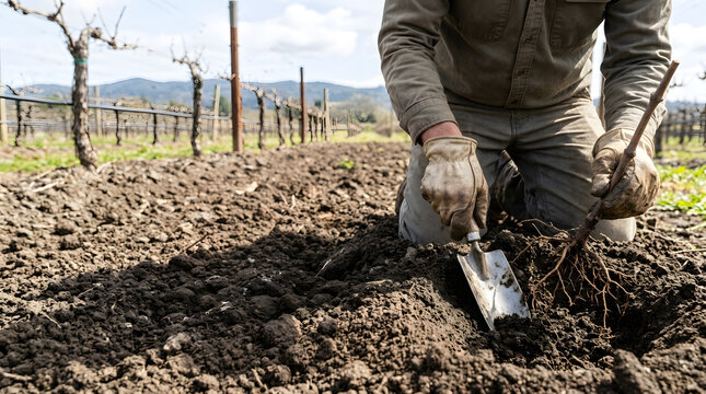 Vineyard worker kneeling in dark soil planting a dormant grape vine cutting with a hand trowel. Agricultural labor and spring viticulture preparation in the field