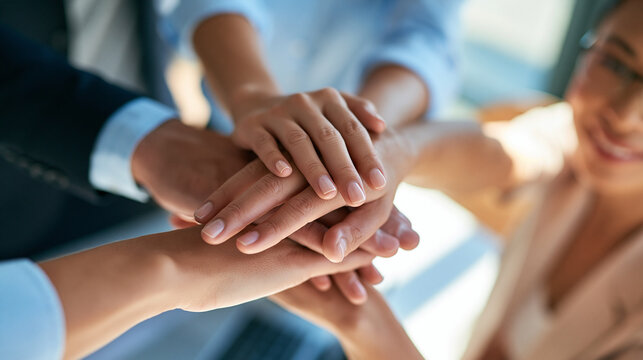 overhead view of diverse hands stacked together above a bright office table, aerial composition, international friendship, business team unity, collaboration, human resources,