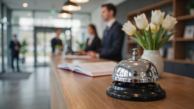 Chrome service bell on hotel reception desk with white tulips