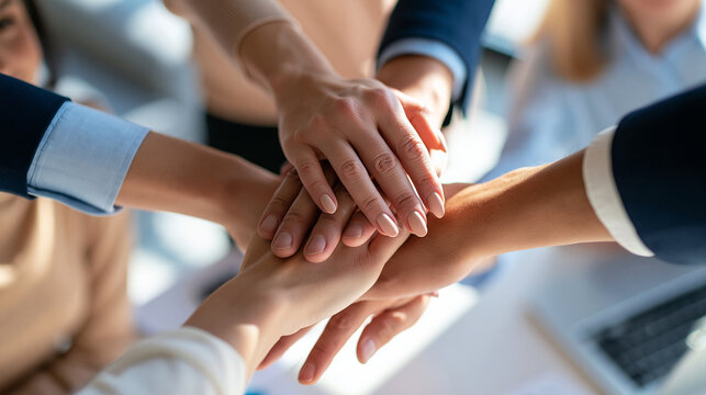 overhead view of diverse hands stacked together above a bright office table, aerial composition, international friendship, business team unity, collaboration, human resources,