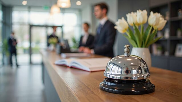 Chrome hotel service bell on a wooden reception desk with white tulips