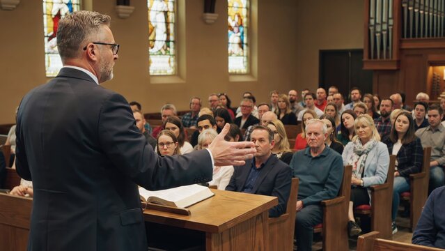 Man in a black suit speaking from a wooden pulpit to a church congregation