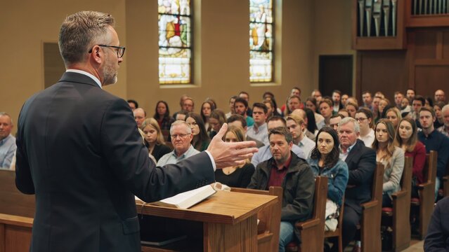 Man in a black suit speaking from a wooden pulpit to a church congregation