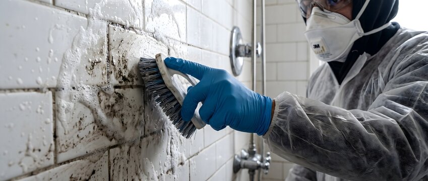 Professional cleaner wearing protective gear scrubbing moldy bathroom tiles
