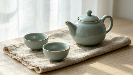 Fototapeta premium Pale green celadon tea set with teapot and cups on linen cloth, soft window light