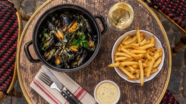 Moules frites with white wine on rustic French bistro table