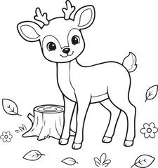 Fototapeta premium Cute little deer standing in the forest with autumn leaves for a fun kids coloring book page