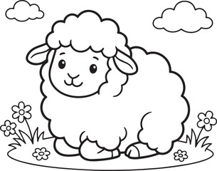 Obraz premium Cute little sheep sitting in a meadow with flowers and clouds for kids coloring page