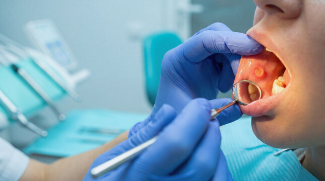 Aphthous ulcer on the inner cheek of a patient being examined by a dentist with a mirror